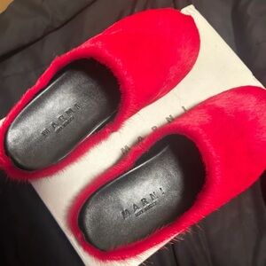 Marni Vibrant Red Fur Slippers